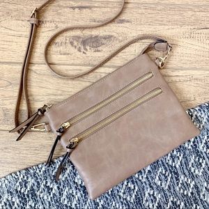Vegan Leather Light Brown Multi Zip Crossbody Bag